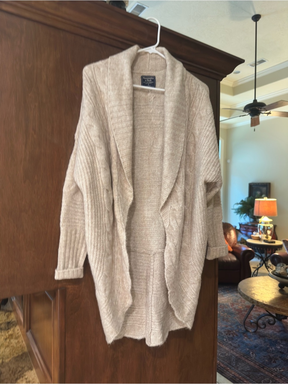 Abercrombie & Fitch Cream Open-Front Cable Knit Cardigan